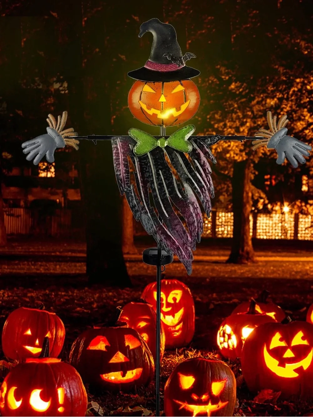LED Solar Powered Halloween Pumpkin Scarecrow Yard Stake - Black, Orange, Green